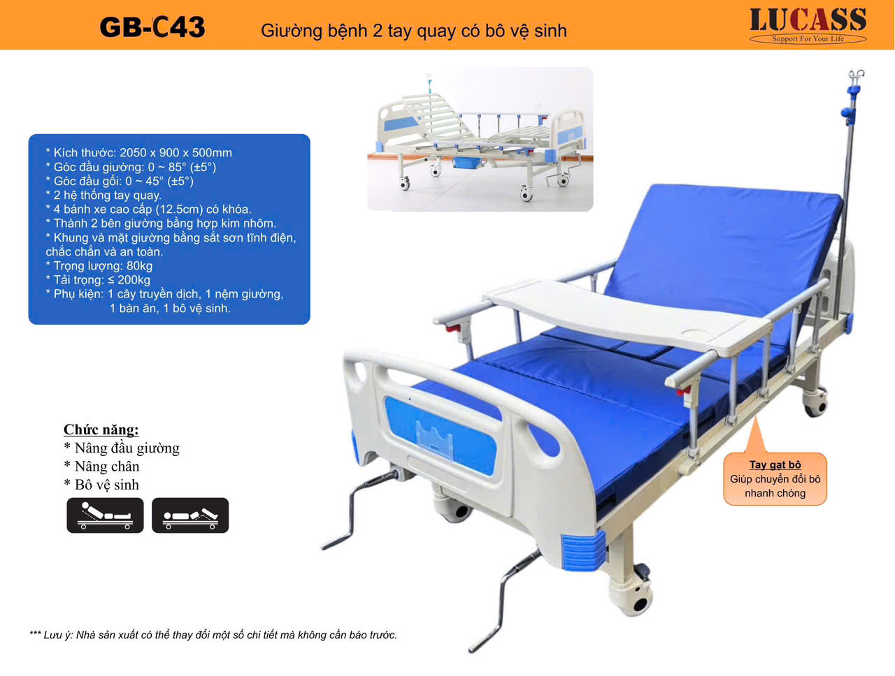 Giường y tế tay quay có bô Lucass GB-T43(GB-C43)